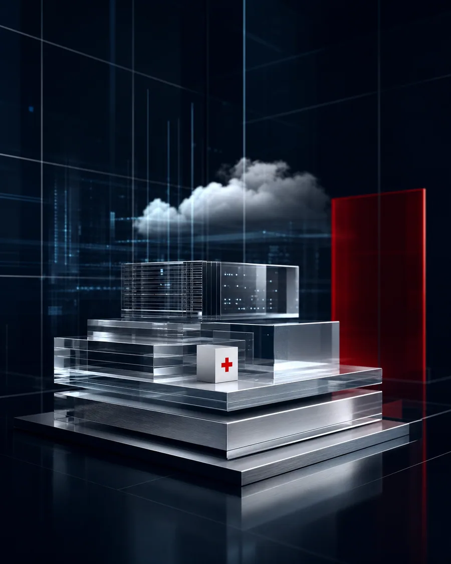 Cloud infrastructure represented by precise glass structures with a Swiss cross