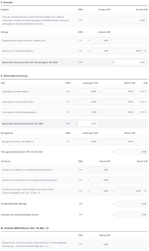 Official Swiss VAT declaration form with multilingual labels and calculation fields